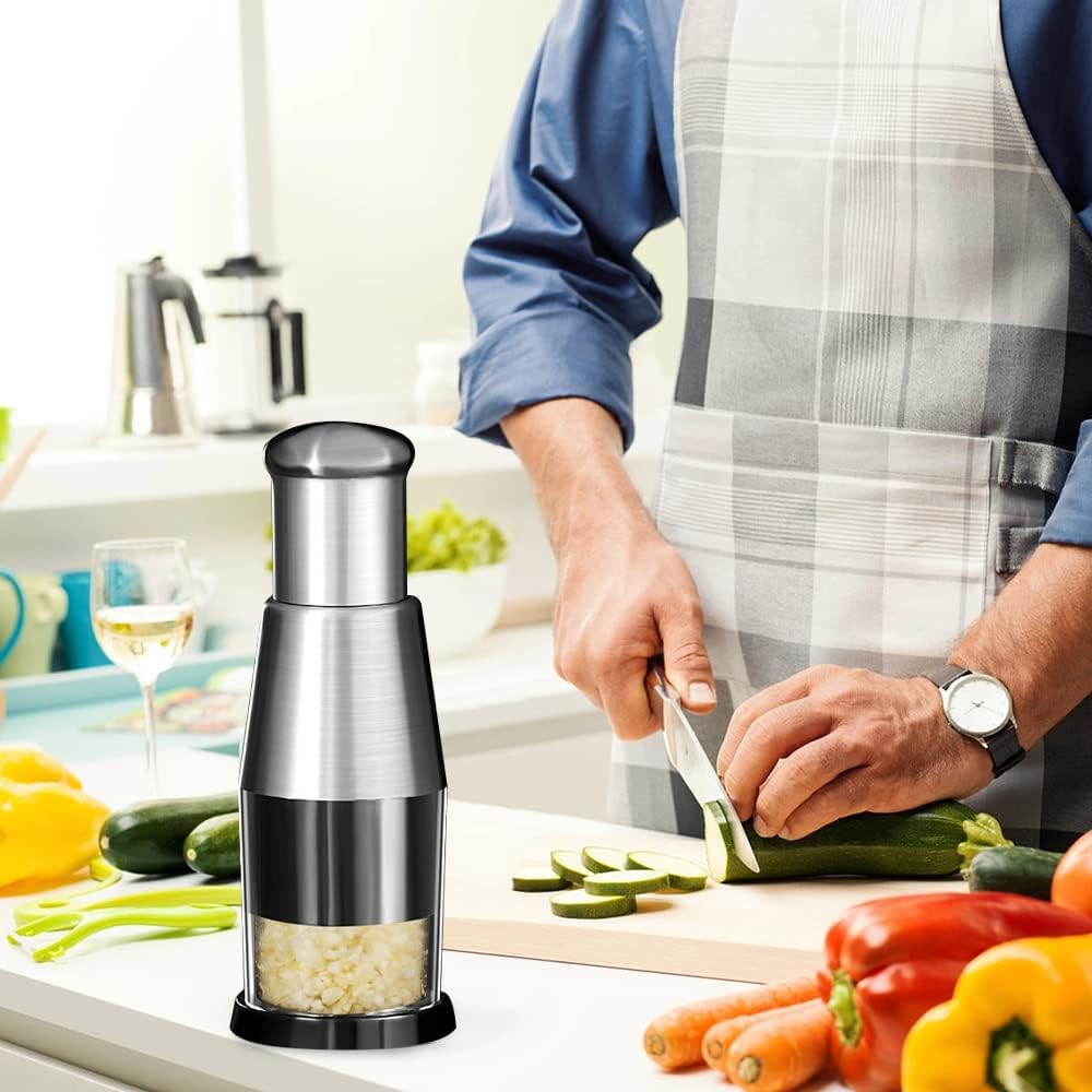 Premium Stainless Steel Garlic Press & Vegetable Chopper – Versatile Manual Kitchen Tool